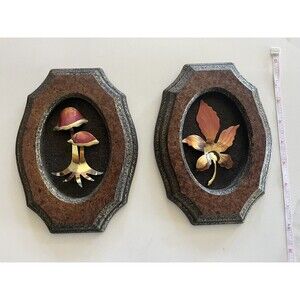 Lot 2 MCM Mushroom & Leaf Metal Copper Cork Back 3D Wall Art Plaques Vintage